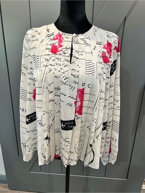 LOFT White Script Print Blouse with Pink Accents